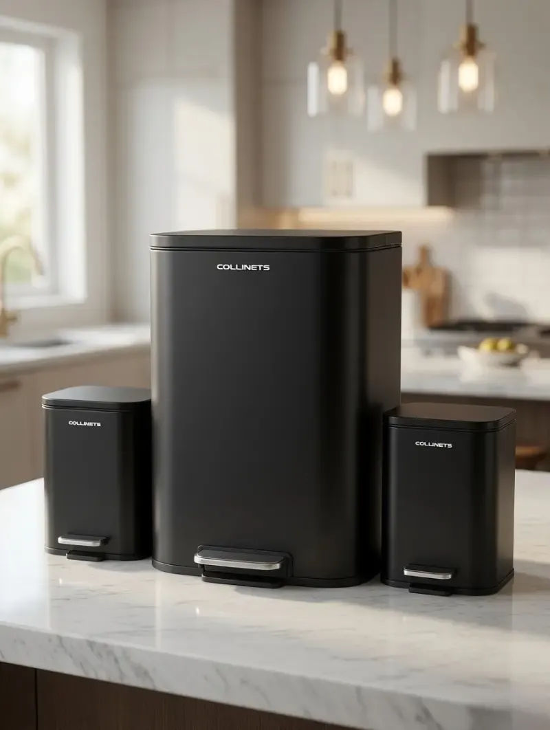 3 Pack Step-On Trash Can Set | 50L / 13 Gal Kitchen Trash Can + 2 x 5L / 1.3 Gal Bathroom Trash Can | Soft-Close Lid | Removable Inner Bucket | Galvanized Steel | Satin, White or Black | CI-TRB-50L-2X5L