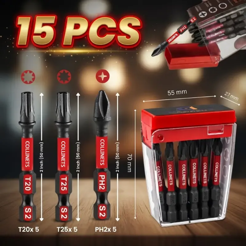 Geinxurn Impact Screwdriver Bits Set | 15 PCS 2" Magnetic(PH2/T20/T25) S2 Steel Multi Driver Bits | Torx Screwdriver | Colorful Storage Box | CI-BIT15